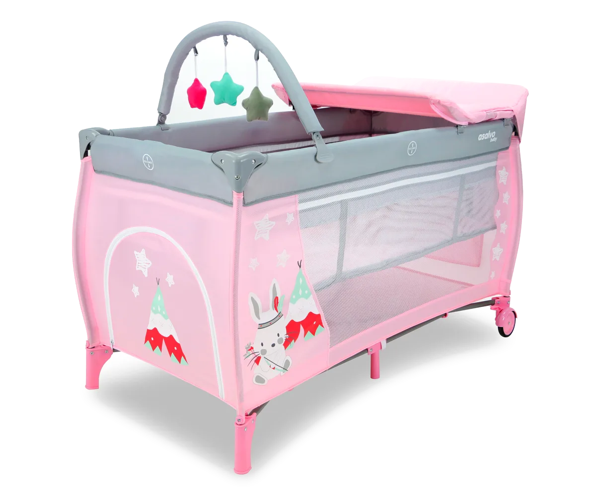 Asalvo Travel Cot Complete with Insert, Changing Table and Opening, Rabbit Tipi/Pink - image 1